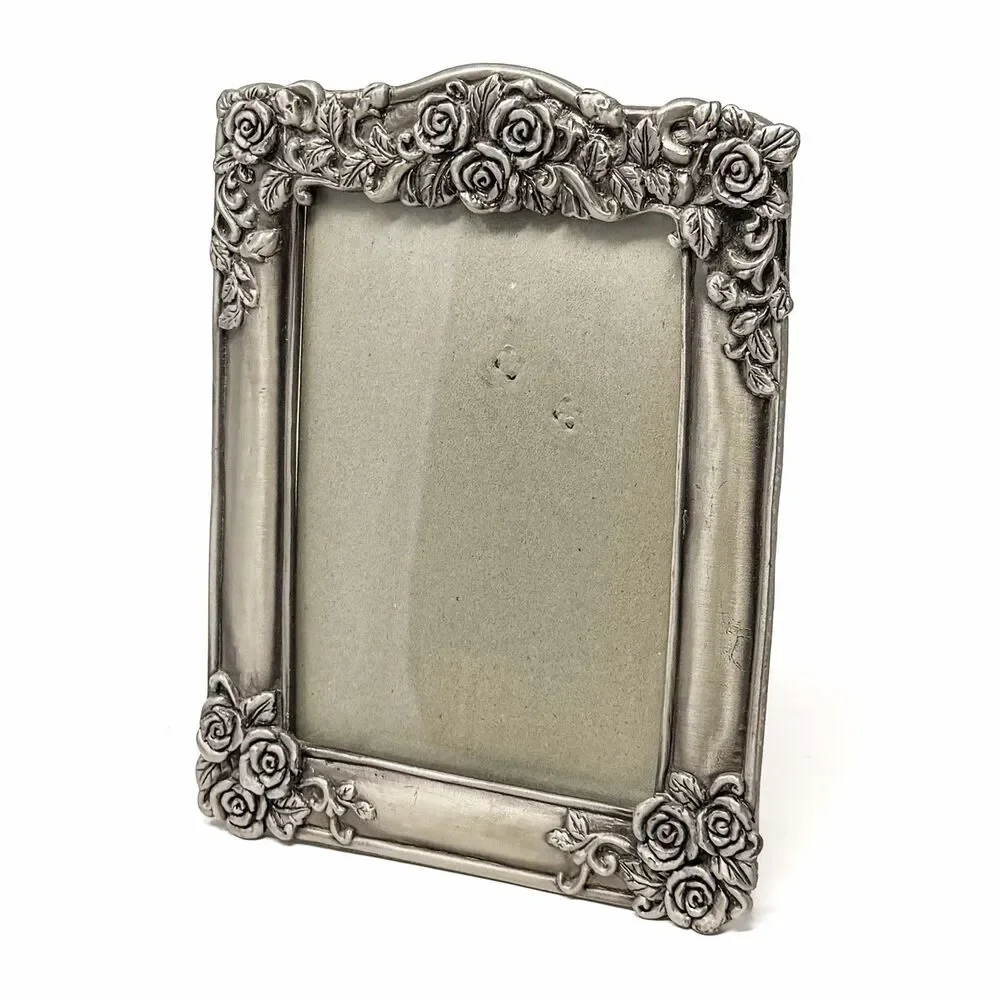 Vintage Art Nouveau Style Pewter Rose Picture Frame Ornate Floral 4x6